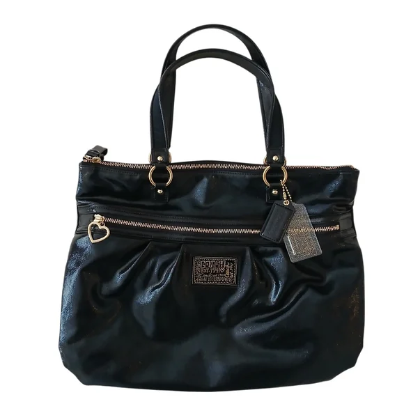 COACH Poppy Daisy Liquid Glass Tote High Shine Patent Leather 17x12 Y2K Style - Picture 1 of 9